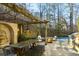 Relaxing backyard patio with pergola, stone wall, and fire pit at 1605 Brandon Hall Dr, Atlanta, GA 30350