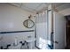 Bathroom with shower stall, pedestal sink, and toilet at 750 Skipper Dr, Atlanta, GA 30318