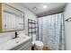 Well-lit bathroom features a framed mirror and a shower with a patterned curtain for added privacy at 2205 Castle Royale Dr, Lawrenceville, GA 30043