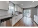 Modern kitchen featuring granite countertops, stainless steel appliances, tile backsplash and hardwood floors at 2205 Castle Royale Dr, Lawrenceville, GA 30043