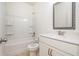 Small bathroom with shower/tub combo and white vanity at 308 Evening Rain Crst, Canton, GA 30114