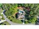 Aerial view of the property showcasing the pool, outdoor spaces, landscaping, and surrounding trees at 5330 Lake Redwine Nw Cv, Acworth, GA 30101