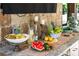 Close up of the outdoor stone counter with a variety of fresh fruit and beverages for entertaining at 5330 Lake Redwine Nw Cv, Acworth, GA 30101