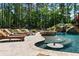 Luxurious pool with built-in bar seating and waterfall features, surrounded by lush greenery at 5330 Lake Redwine Nw Cv, Acworth, GA 30101