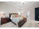 Charming bedroom with a comfortable bed, nightstands, and a view into the ensuite bathroom at 4595 Carriage Walk Ln, Cumming, GA 30040
