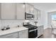 Sleek kitchen with gray cabinets, white quartz countertops, and stainless steel appliances at 509 Elkwood Ln, Mcdonough, GA 30252