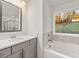 Bathroom features a vanity, tub, and view of woods at 42 Parkview Dr, Dallas, GA 30157