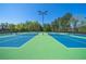 Well-lit tennis courts with blue and green surface at 210 Omega Ct, Dallas, GA 30157