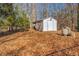 White storage shed and pool pump in a leaf-covered backyard amongst trees at 50 Dogwood Ln, Covington, GA 30014