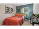 Bedroom with coral bedding, teal accent wall, and workspace at 2094 Moss Hill Road, Stone Mountain, GA 30088