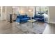 Elegant living room with blue sofas, a coffee table, and a large window at 4064 Chimney Ridge Way, Ellenwood, GA 30294
