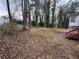 Large backyard with mature trees and a wooden deck at 2289 Aurie Dr, Decatur, GA 30034