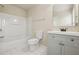 Clean bathroom with a shower/tub combo, toilet and vanity at 2159 Meadow Peak Rd, Duluth, GA 30097