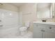 Clean bathroom features a tub-shower combination and a modern vanity with grey cabinets at 2159 Meadow Peak Rd, Duluth, GA 30097