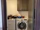 Small laundry room with washer, dryer, and storage cabinets at 457 Castleaire Dr, Stone Mountain, GA 30087