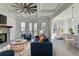 Cozy living room with a stone fireplace, blue sofas, and coffered ceilings at 7650 Abbey Glen Dr, Cumming, GA 30028