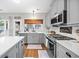 Modern kitchen with gray cabinets, white countertops, and breakfast bar at 2931 Masonwood Nw Dr, Kennesaw, GA 30152