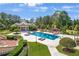 Aerial view of a private backyard pool, fireplace, and lush landscaping at 5200 Moore Rd, Suwanee, GA 30024