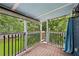 A charming covered porch with wood floors, black railings, and shades overlooking the lush green yard at 930 Custer St, Atlanta, GA 30354