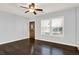 Living room with hardwood floors and ceiling fan at 2505 Mellville Ave, Decatur, GA 30032