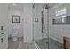 Bathroom with walk-in shower and gray tile floor at 4320 Chapel Hill Farms Dr, Douglasville, GA 30135