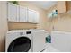 Convenient laundry room with washer, dryer, cabinets, and shelving at 110 Pro Ter, Johns Creek, GA 30097