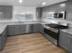 Modern kitchen with gray cabinets, granite countertops, and stainless steel appliances at 6049 Shallow Wood Ct, Douglasville, GA 30135