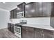 Modern kitchen with dark cabinetry, granite countertops, and stainless steel appliances at 204 Hickory Commons Way, Canton, GA 30115