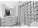 Stylish bathroom featuring a modern vanity, illuminated mirror, and a shower with a geometric curtain at 160 Vanira Se Ave # A, Atlanta, GA 30315