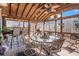 Covered outdoor seating area with dining table, grill, and wooded views at 230 Cobblestone Ln, Mcdonough, GA 30252