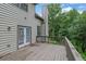 View of the exterior deck featuring wooden railing, sliding glass doors, and a nearby brick chimney at 148 Shady View Pl, Lawrenceville, GA 30044