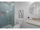 Elegant bathroom features a glass-door shower and granite counter tops at 132 Arnold Pl, Jonesboro, GA 30236