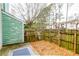 Backyard showcasing a worn wooden fence and a concrete patio with geometric area rug at 1023 Thornwoode Ln, Stone Mountain, GA 30083