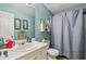 A basic bathroom with a single sink vanity, a mirror, and a shower with a curtain at 232 Taylors Farm Dr, Canton, GA 30115