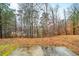 Backyard view features a lake, mature trees, and a patio at 4860 Longview Run, Decatur, GA 30035