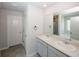 Bathroom featuring a double sink vanity with large mirror and neutral wall color for a modern and clean space at 3573 Stonebranch Ln, Loganville, GA 30052