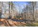 Wooded backyard with stone retaining wall and fire pit at 4392 Overlook Dr, Acworth, GA 30101