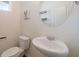 Small powder room with pedestal sink and toilet at 413 Delancy Dr, Woodstock, GA 30189