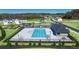Aerial view of community pool, playground, and surrounding residential area at 8589 Seabiscuit Rd, Lithonia, GA 30058
