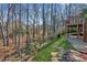 Backyard with a tiered deck and stone walkway leading to a wooded area at 3611 Howell Wood Trl, Duluth, GA 30096