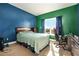 Bedroom with green and blue walls, featuring a large window and carpeted floor at 4851 Planters Walk, Douglasville, GA 30135
