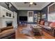 Elegant living room with navy walls, leather sofa, fireplace, and unique decor at 389 Kendrick Se Ave, Atlanta, GA 30315