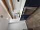Modern kitchen with stainless steel appliances and blue cabinets at 1280 W Peachtree W St # 1407, Atlanta, GA 30309