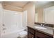 Bathroom with shower/tub combo and granite vanity at 4361 River Vista Rd, Ellenwood, GA 30294