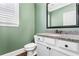 Well-maintained powder room with a granite countertop vanity and decorative mirror and fixtures at 337 Ellis Preserve Sw Ln, Marietta, GA 30064