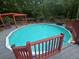 Above-ground pool with surrounding gray deck and red safety rails at 6625 Starling Sw Pl, Mableton, GA 30126