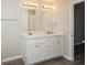 Bathroom features a double vanity with white cabinets and modern fixtures at 5541 Panola Pl, Lithonia, GA 30058