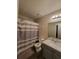Bathroom featuring toilet, vanity, mirror, and striped shower curtain at 3321 Border Dr, Stone Mountain, GA 30087