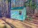 Light teal storage shed with green metal roof at 245 George Wynn Rd, Palmetto, GA 30268