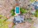 Aerial view showcasing a private backyard pool, patio area, and mature trees at 785 Charleston Dr, Roswell, GA 30075